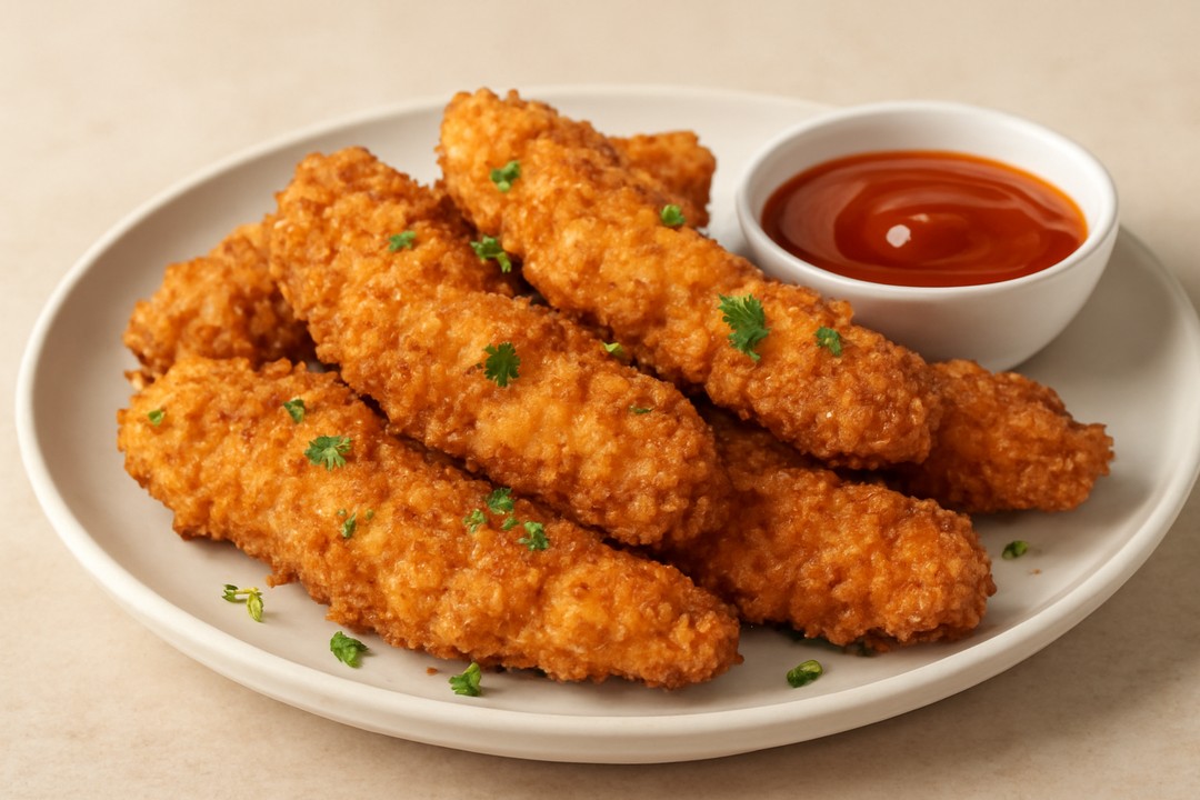 Crispy air fryer chicken tenders served with dipping sauce