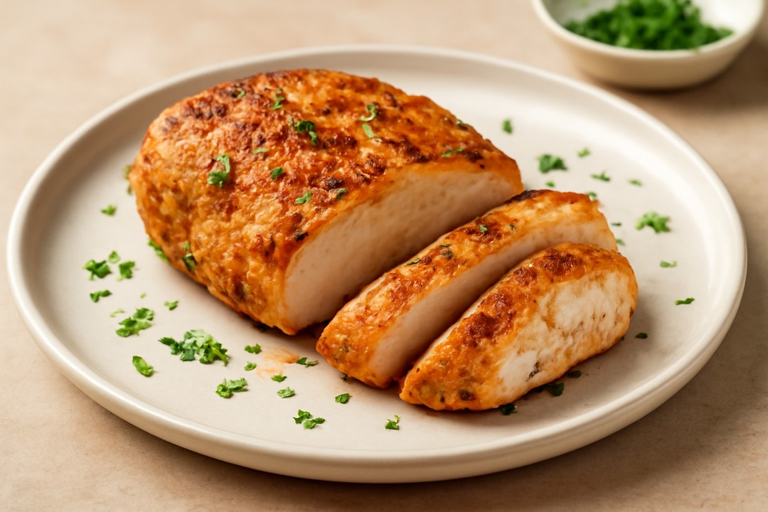 Juicy air fryer chicken breast sliced on a plate