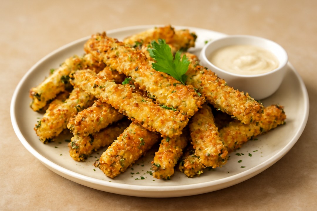 Crispy air fryer zucchini fries with dipping sauce