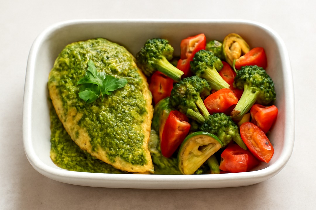 Pesto chicken with roasted vegetables keto meal prep
