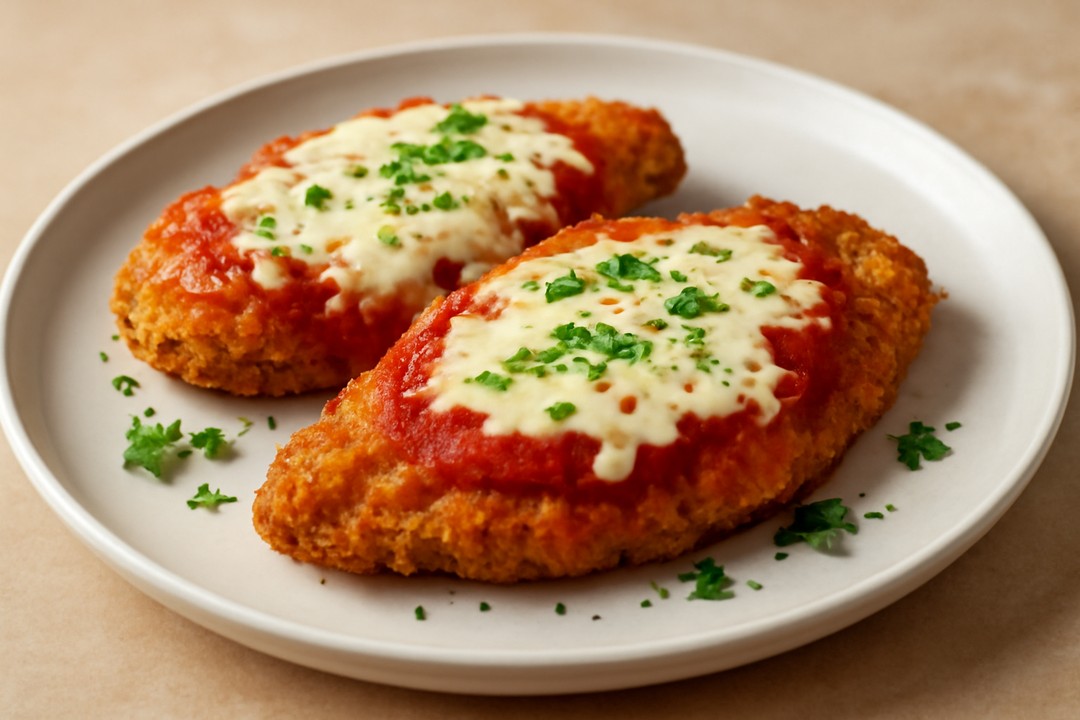 Air fryer chicken Parmesan with marinara and melted cheese