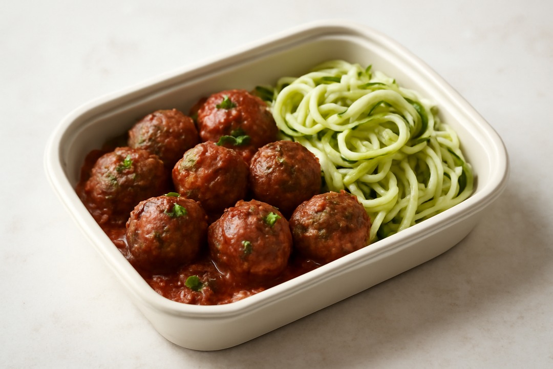Keto meatballs with zucchini noodles and marinara