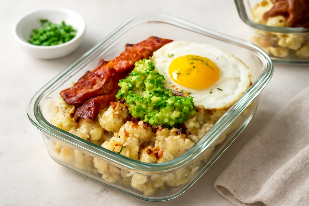 Loaded cauliflower breakfast bowl keto meal prep